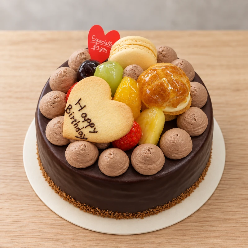 フルーツとマカロンを飾ったチョコレートのホールケーキ