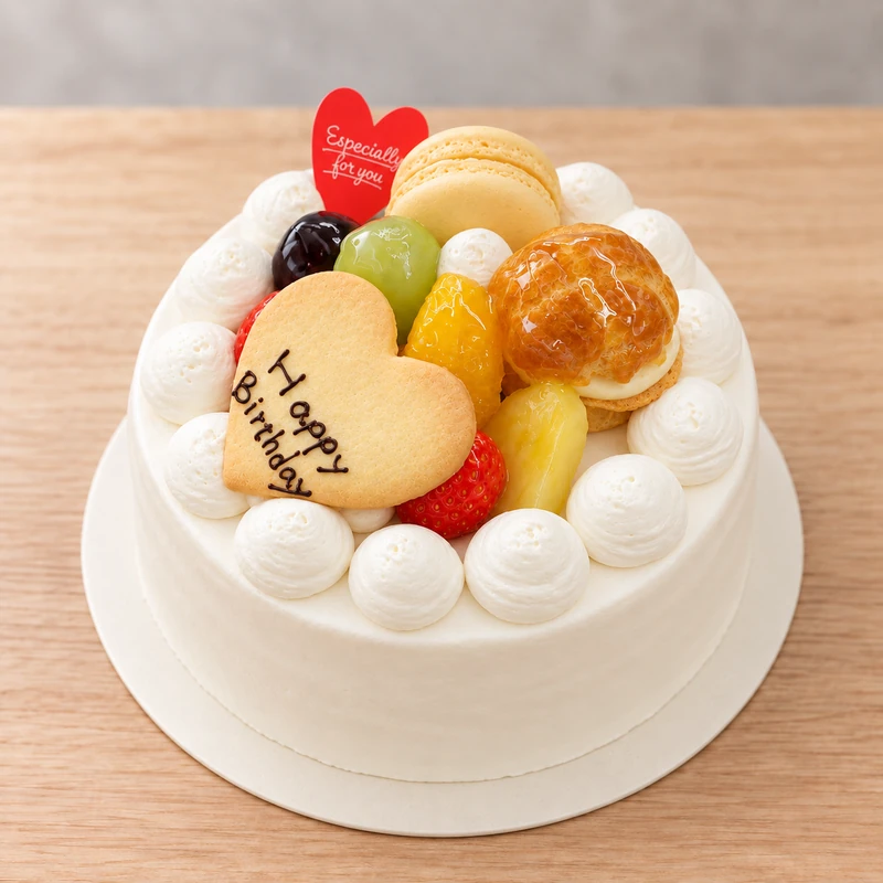 白い生クリームのスポンジケーキにフルーツ、マカロン、シューを飾ったデコレーションのイメージ